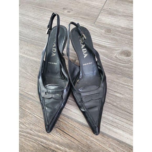Prada Vintage Slingback Kitten Heel Shoes In Black Size 36.5 - Heels